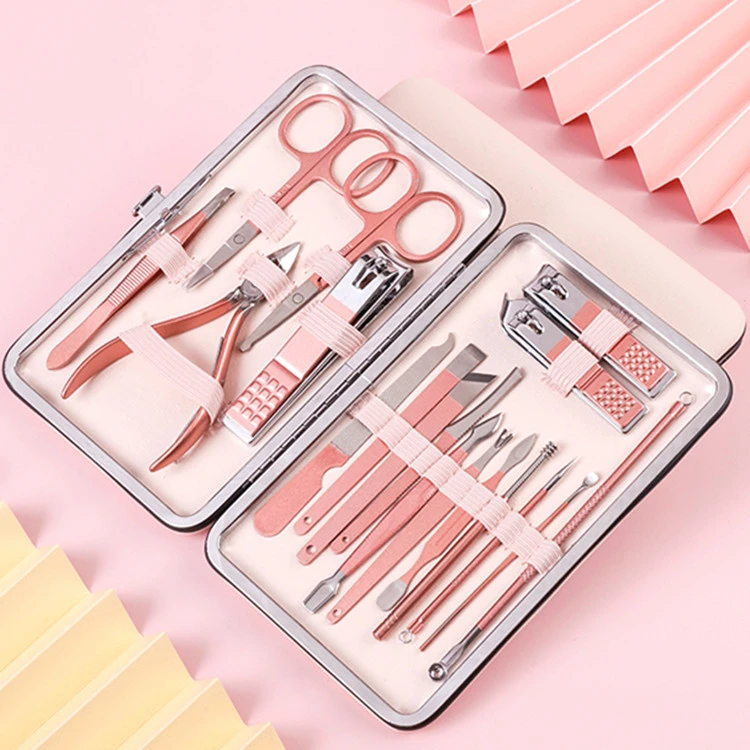 18pcs Manicure Set With Ripple PU leather case, Travel Mini Nail Clippers Kit Pedicure Care Tools, Stainless Steel Grooming kit