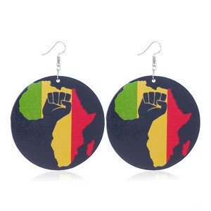 2018 Hot Sale Creative Round Wooden Earrings Colorful Africa Map Painting Wood African Drop Earrings