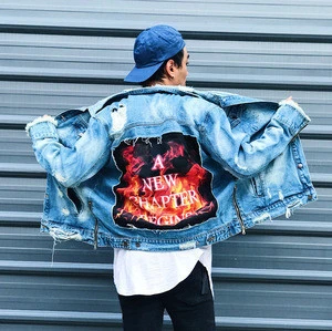 2019 fashion wholesale flame print design raw hem hip hop american jeans zipper male custom ripped denim mens jackets men 2017