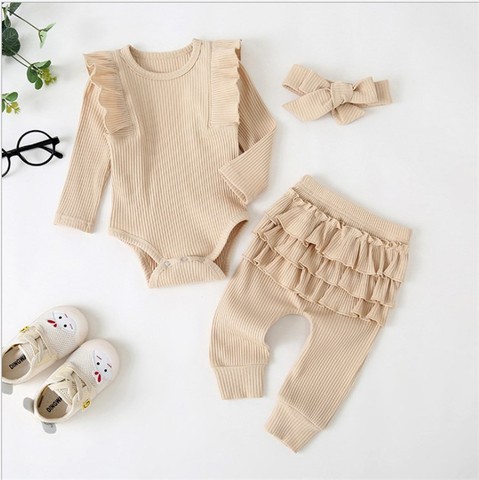 2021 Newest Baby Girls Clothing Suit Autumn 3Solid Toddler Cotton long-sleeved Romper Child Clothes