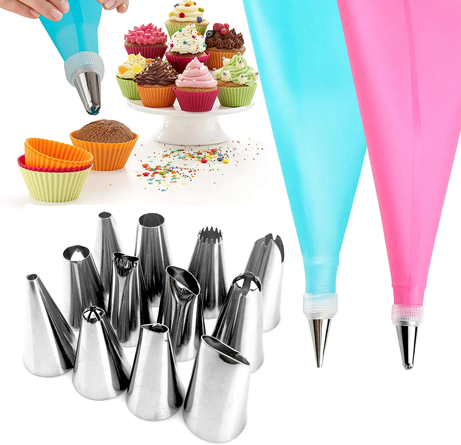 26 Pieces Cake Decorating Kits Supplies with 24 Numbered Icing Tips, Silicone Pastry Bags Baking Frosting Tools Set