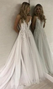 A line Sexy Open Back Ladies V Neck Applique Boho Wedding Dress