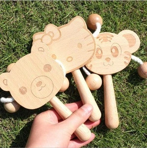Beech Wood Cartoon bear/cat/tiger Animals Boy and girl Handbell Rattle Toy Baby Kids Rattle Drum Musical Instrument