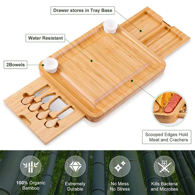 Biodigradable Rustic Bamboo Olive Wood Cutlery Slate Tramanto Cutting Legs Wine Cheese Board And Knife Set With Drawer Big Size