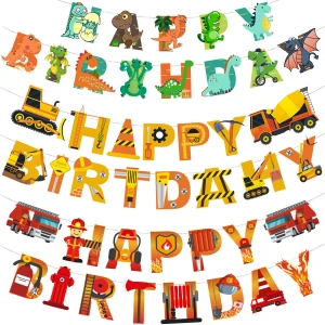 Birthday party decoration supplies cartoon dinosaur fire fighting truck banner for kid birthday