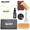 Bluezoo Beard 7 Pcs Set Mustache Oil Mustache Wax Pear Wood Double-Sided Comb Brush Cloth Bag Small Scissors