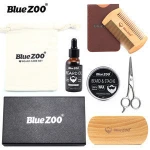 Bluezoo Beard 7 Pcs Set Mustache Oil Mustache Wax Pear Wood Double-Sided Comb Brush Cloth Bag Small Scissors