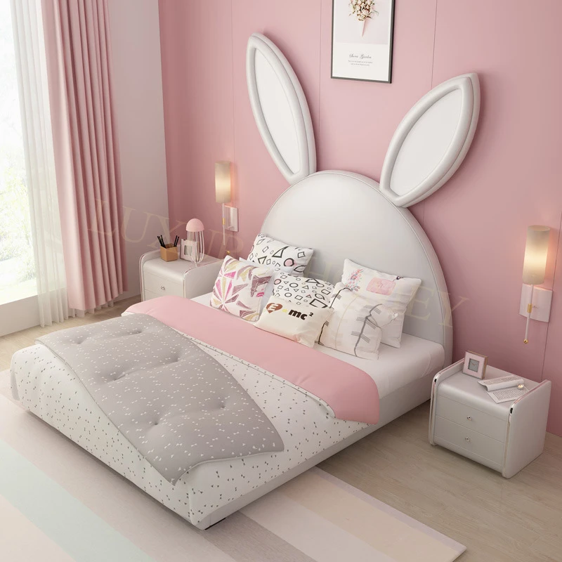 Children kid size single double Leather bed bedroom kid furniture set rabbit