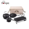 Complete 7 Pieces Cast Iron Camping Pot Cookware Set with Wooden Box