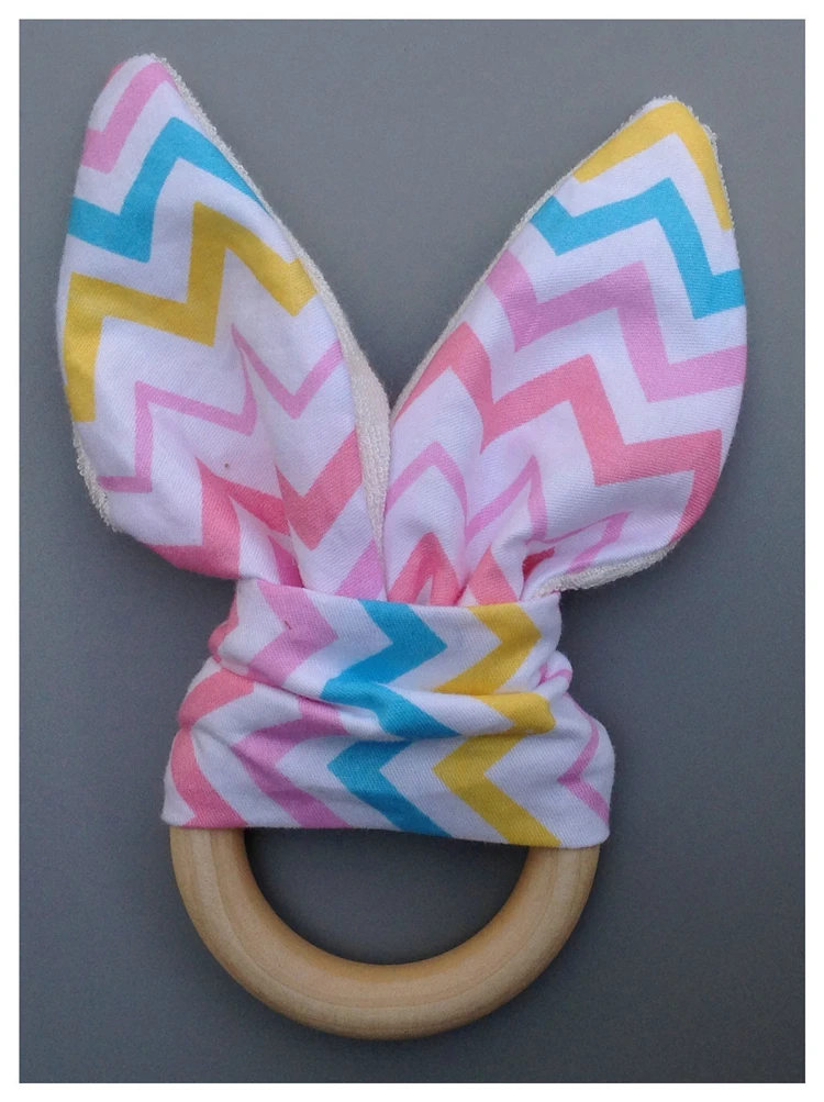 Cotton bamboo fiber bunny ears wooden baby teether rattle toy