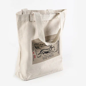Custom logo printed natural raw white canvas cotton handle tote bag