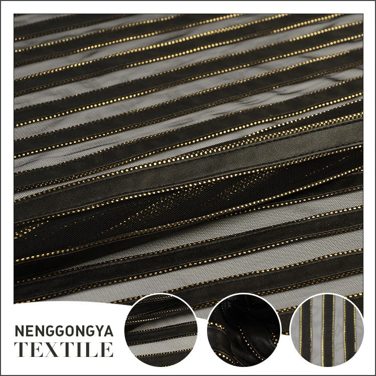 Custom made new style stripe leather embroidery laser voile fabric