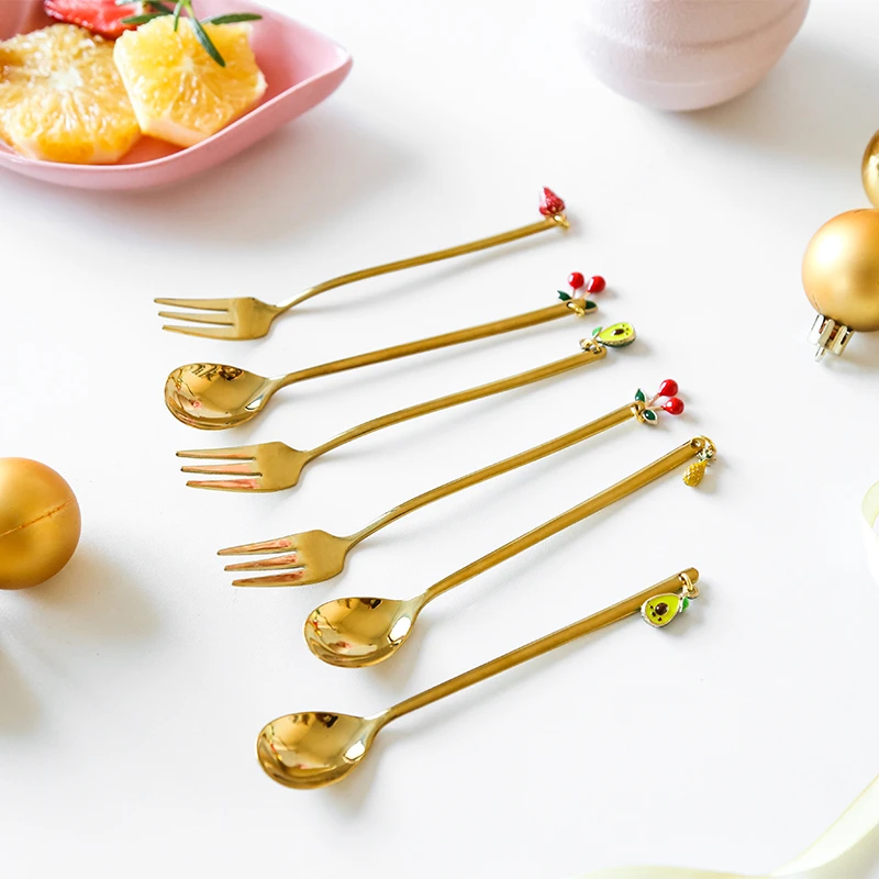 Cute Creative Design Fruit Decoration Stainless Steel Gold Tea Coffee Spoon And Fork Set With Gift Box