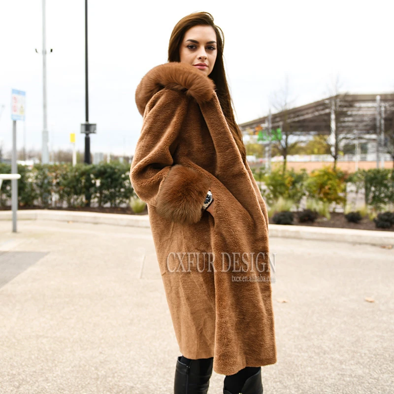 CX-G-T-26 Women Fashion Lamb Teddy Fur Jacket Sheep Wool Long Hood Coat With Fox Fur Collar Cuff