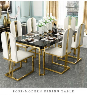 CZM07 Dining Room Furniture Marble Stainless Steel Designs Dinning Table Set Tempered Glass Top Dining Table And 6 Chairs Sets