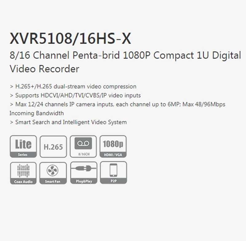DHa XVR5108HS-X 8 Channel Penta-brid 1080P Compact 1U Digital Video Recorder Up to 6MP H.265 Smart Search DVR