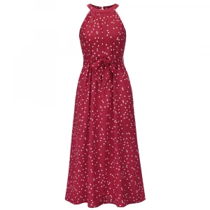 Elegant Polka Dot  Print Women Long Dress Sleeveless Maxi Dress Casual ladies Spring Summer Dress
