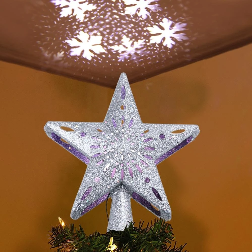 Factory Direct Sale Silver Christmas Tree Topper Projector Lighted Ornaments Snowflake Lights 3D Star Xmas Tree Decoration