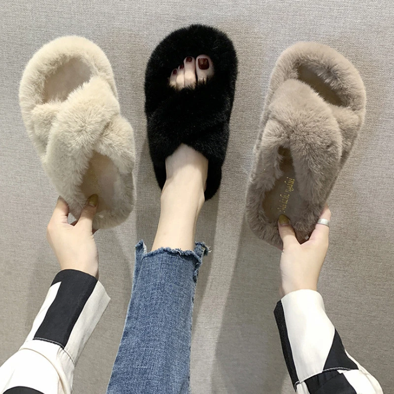 Fashion Fluffy Plush Fur Slides Cozy Slides Criss Cross Fuzzy Slippers For Women