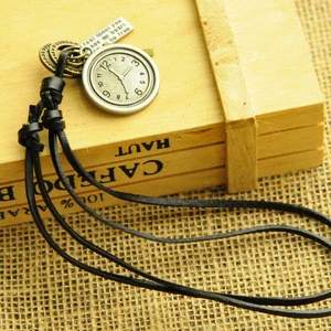 Fashion Retro Pocket Watch Letter Charm Cross and Ring Pendant Necklace Cool Long Leather Chain Sweater Necklace Wholesale