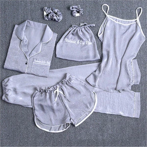 Free Shipping 7pcs/set Womens Silk Satin Pajamas Long Sleeve Loungewear Pajamas Girls Sleepwear PJ Nighties