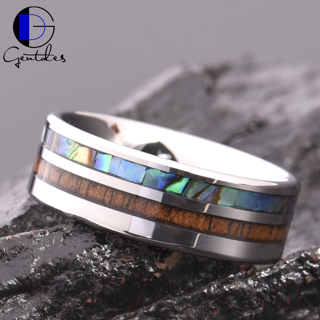 Gentdes Jewelry Tungsten Carbide Finger Ring Koa Wood Shell Inlaid Wedding Bands