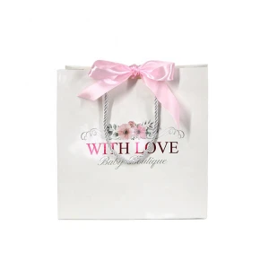 Glossy Laminated Custom Printed Luxury Gift Paper Shopping Bag With Bowknot
