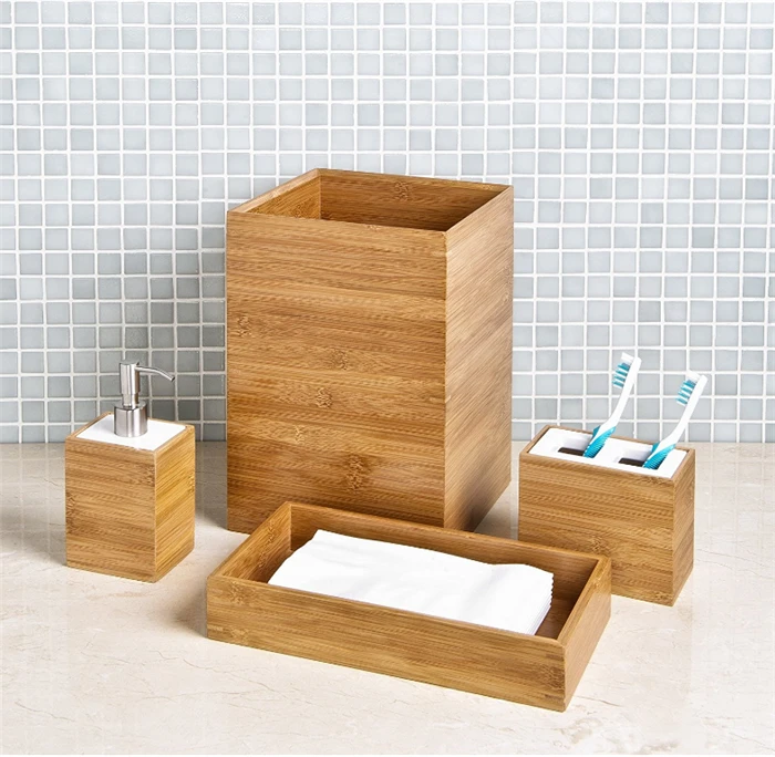 Hand crafted high quality solid bamboo with stainless steel bathroom set