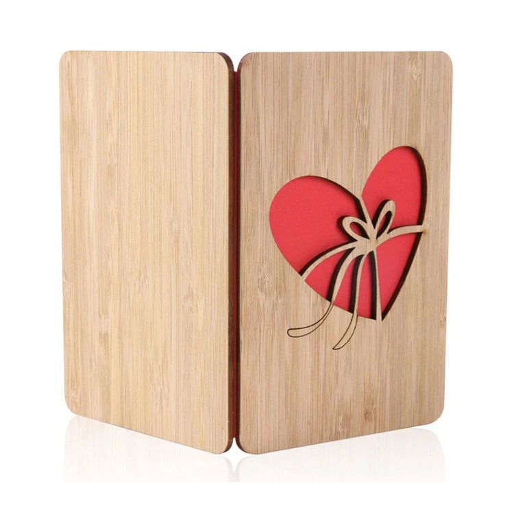 Heart shaped Bamboo Greeting Card Handmade with Real Bamboo Wood wooden gift crate