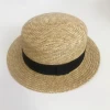 High quality natural wheat Fedora Top Flat hat straw boater with black ribbon straw hat