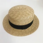 High quality natural wheat Fedora Top Flat hat straw boater with black ribbon straw hat
