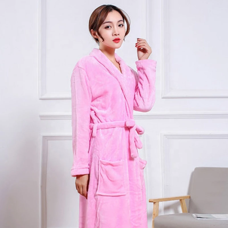High Quality Simple Solid Color Warm Long Flannel Bathrobe Women Thick  Bath Robe Robes Dressing Gown Home Clothes