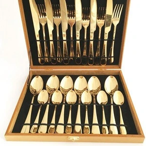 Hot Sale Wood Packing Box gold plated silverware set PVD coating Stainless steel Flatware Wooden Box 24 pcs Cutlery set