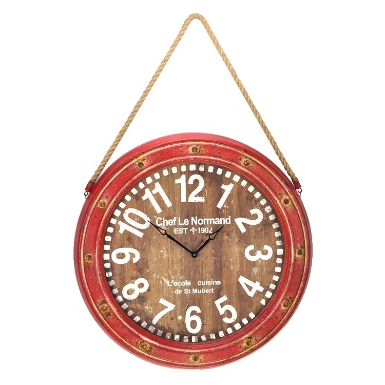 IVY Hemp Rope Hanging Distressed Red Metal Frame Wooden Wall Clocks Home Decoration