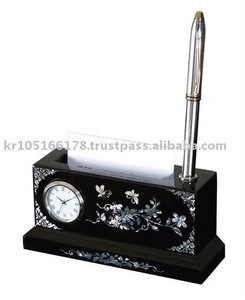 lacquerware inlaid with mother-of-pearl clock & pen holder