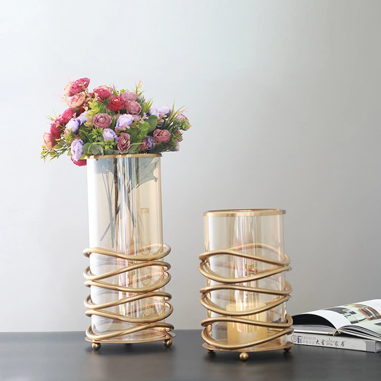Light luxury decoration clear crystal gold flower vase contemporary wedding glass vase
