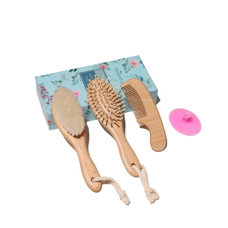 Low MQO Wooden handle goat baby hair brush with comb set