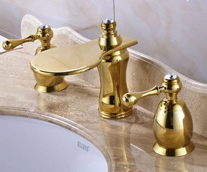 Luxury Gold Finish Waterfall Spout Widespread 3PCS Bathtub Basin Faucet Dual Handles Mixer Tap