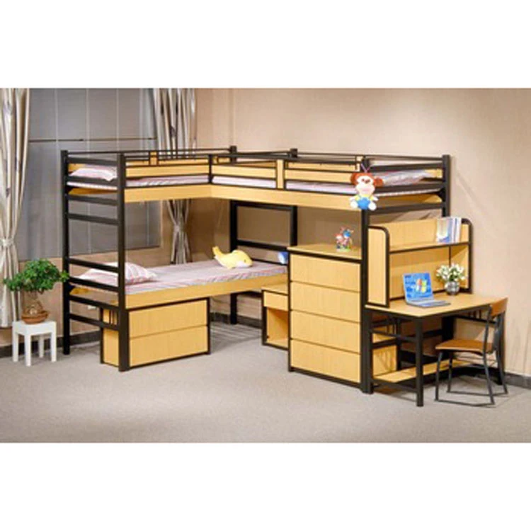 Metal Wooden School Furniture Dormitory Loft Bunk Bed With Study Desk and Wardrobe