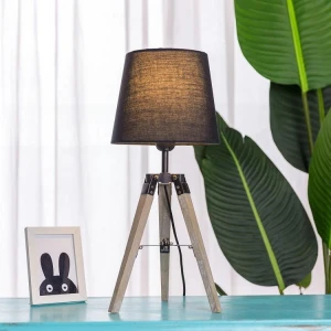 Modern Home Decor Antique Wooden Base Tripod Desk Light Fabric Linen Shade Table Lamp Bedside Reading Lamp