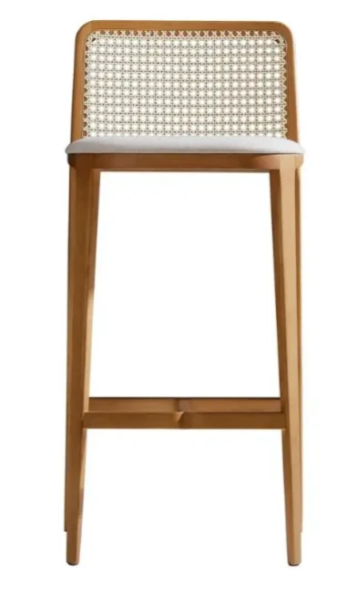 Modern Stylish Wood Rattan High Bar stool Leather Seating Cane Backboard Restaurant Bar Stool