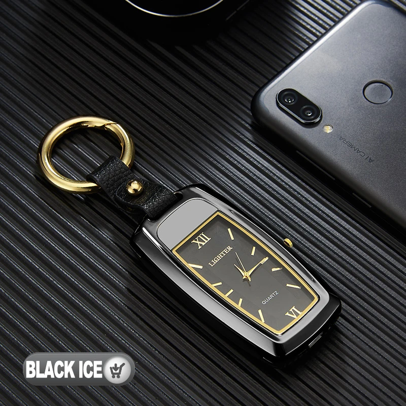 Multifunctional luxury real clock pendant keychain with emergency lighting windproof USB charging coil lighter