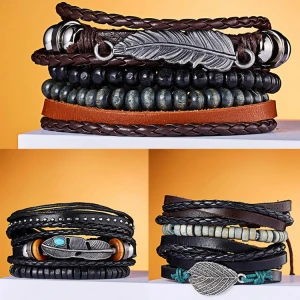 New Designs 4PCS Set Men Beads Leaves Leather Bracelet Adjustable Women Leather Leaves Beads Bracelet