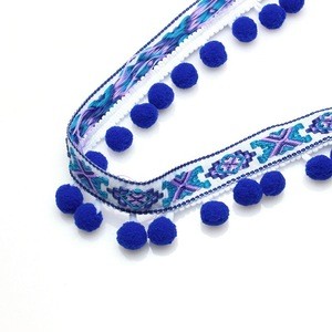 New Fancy design blue color Jacquard ribbon tape  Garment accessories Ethnic tassel pom pom lace trimming