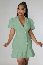 New fashion womens suit collar puff sleeves solid color fishtail suit skirt womens casual dress