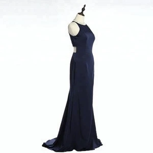 New long satin neck beading sexy front slit back hollow out breathable simple evening dress 2019