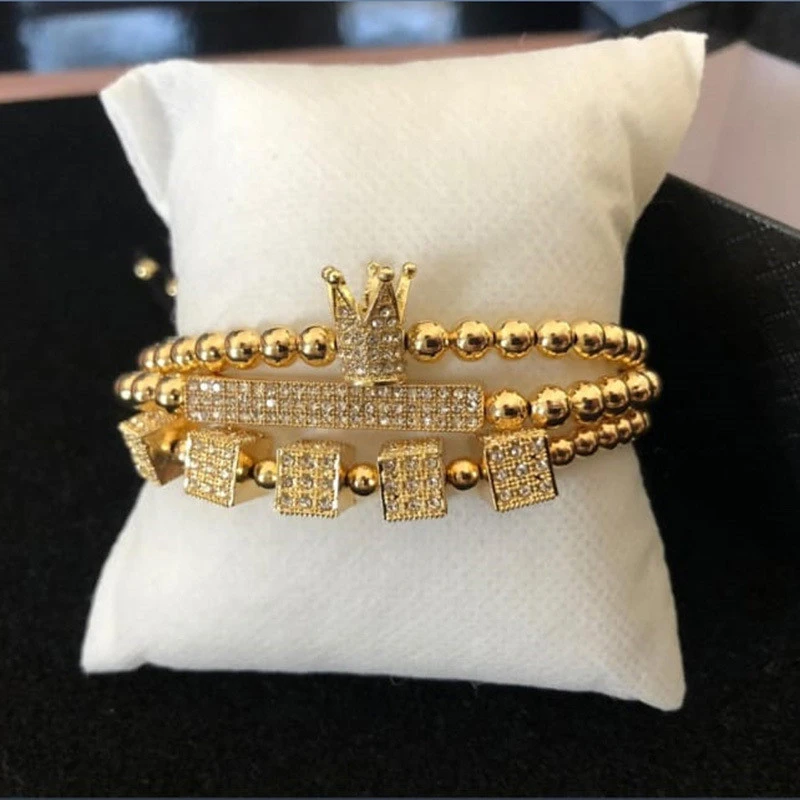 Newest Women Men&#x27;s Gold Plated Copper Beads Cube Charm Adjustable Macrame Bangles Luxury King Crown Bar Zircon Bracelet 3Pcs/Set