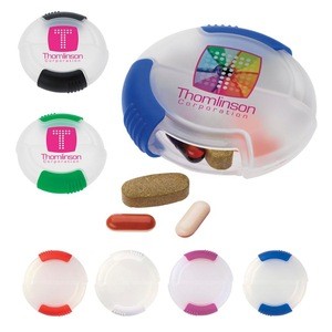 Pill capsule case organizer transparent round shaped OEM logo printed body blue slide cover durable plastic medicine storage box