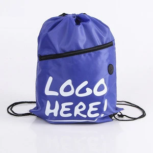 polyester Promotional drawstring bag with front zipper pocket