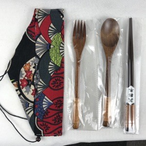 Portable cutlery set wooden spoon fork chopsticks travel dinner set with pouch wholesale